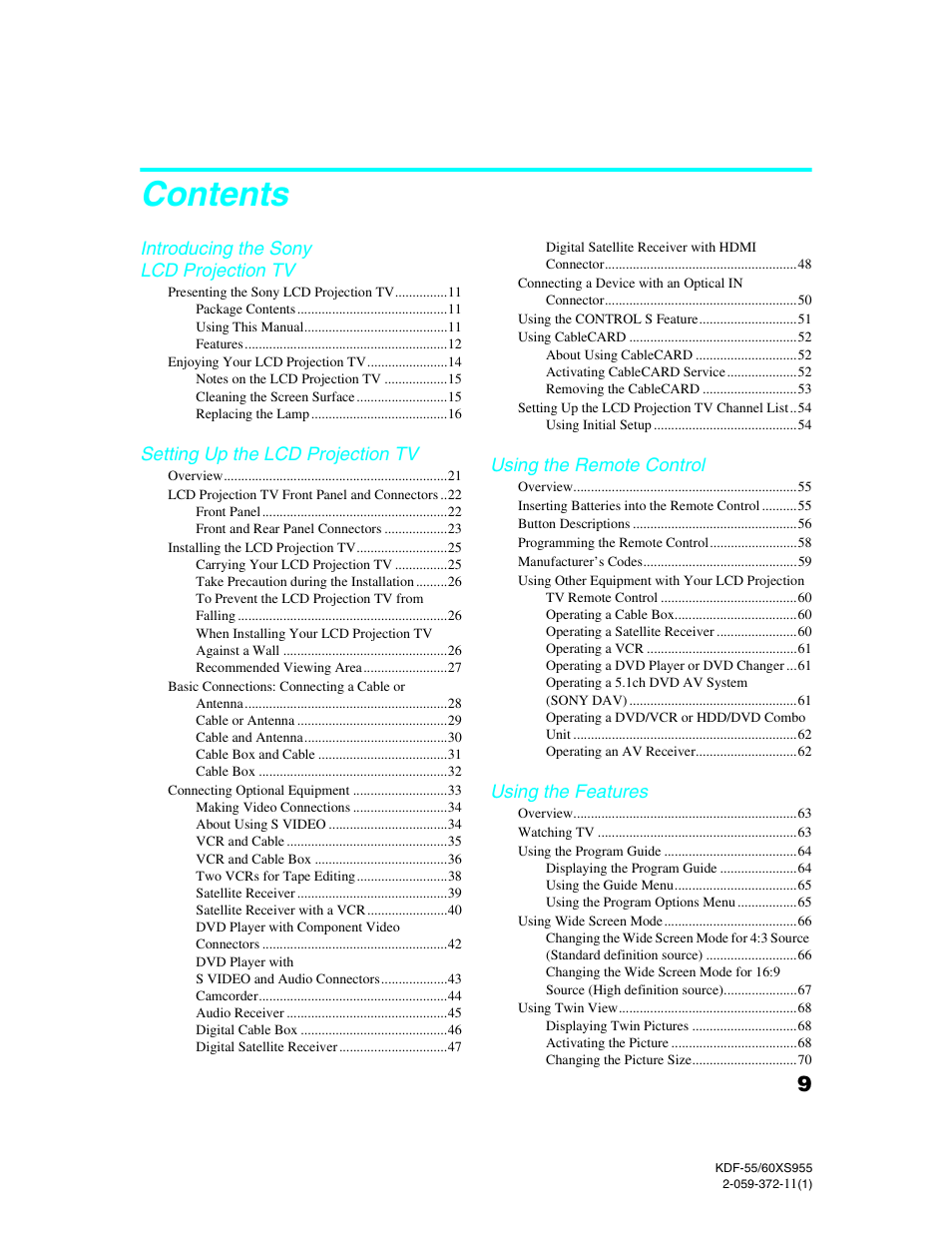 Sony GRAND WEGA KDF-55XS955 User Manual | Page 9 / 129