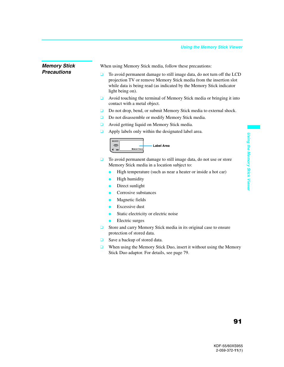 Memory stick precautions | Sony GRAND WEGA KDF-55XS955 User Manual | Page 91 / 129