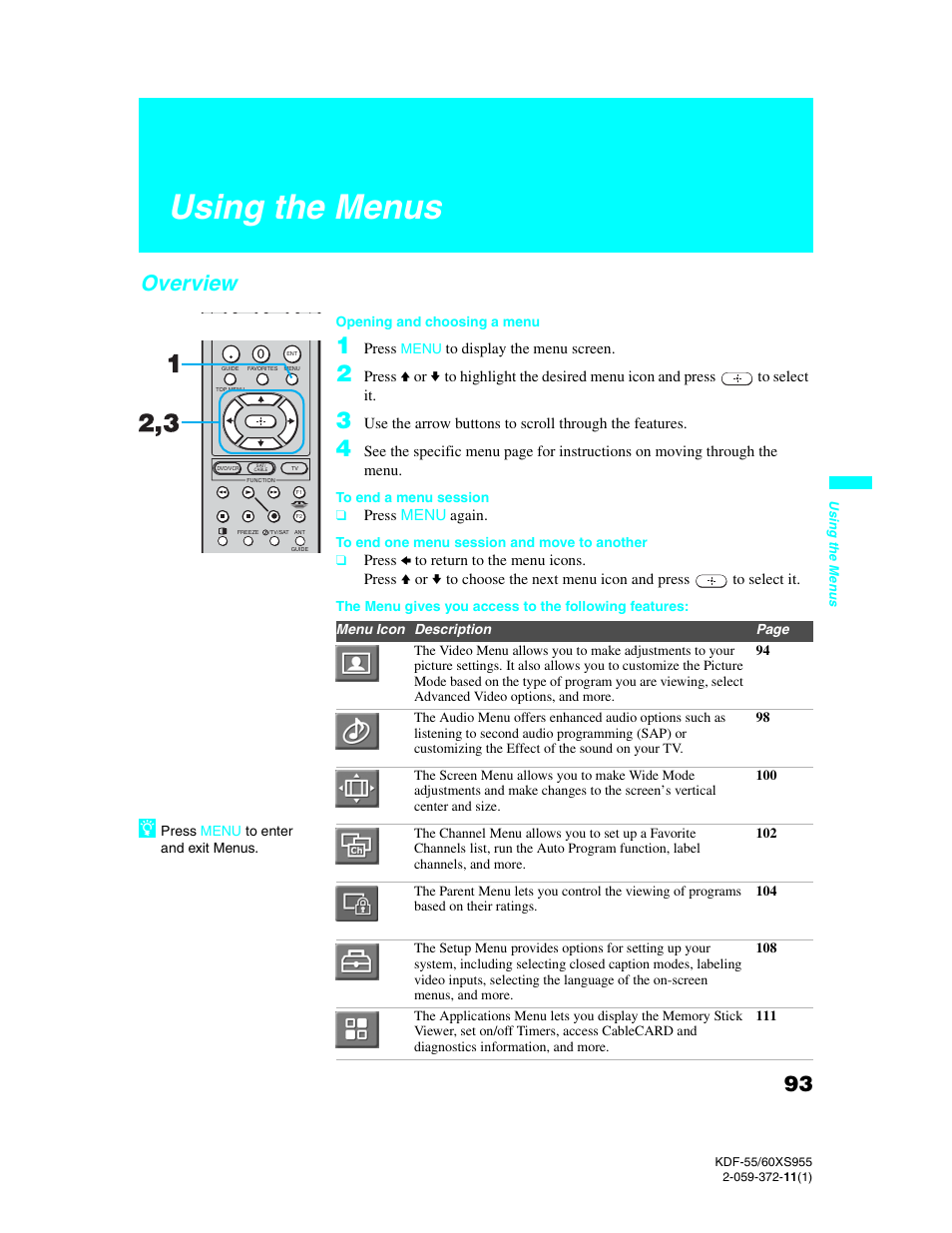 Using the menus, Overview | Sony GRAND WEGA KDF-55XS955 User Manual | Page 93 / 129