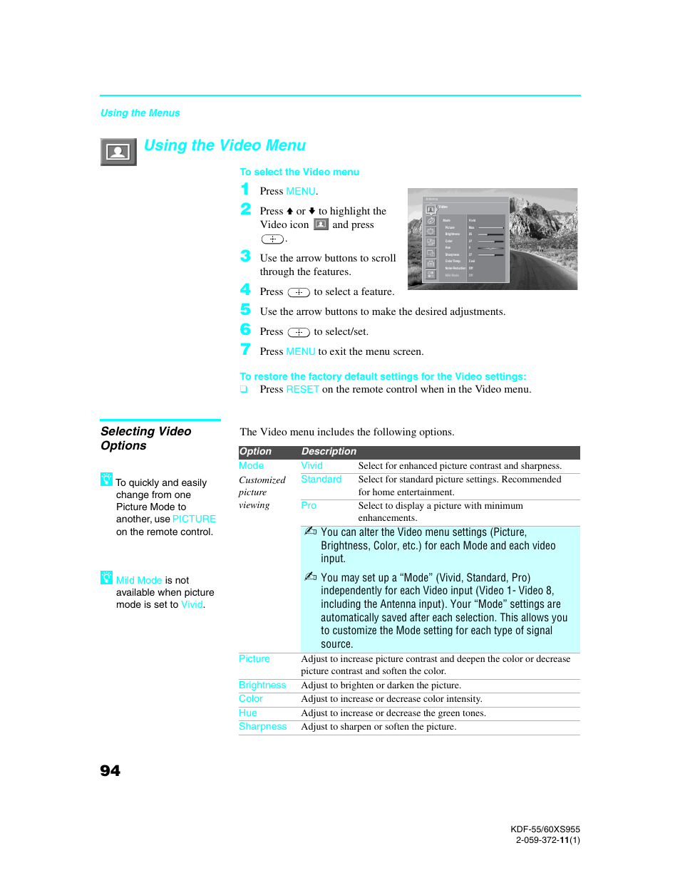 Using the video menu, Selecting video options | Sony GRAND WEGA KDF-55XS955 User Manual | Page 94 / 129