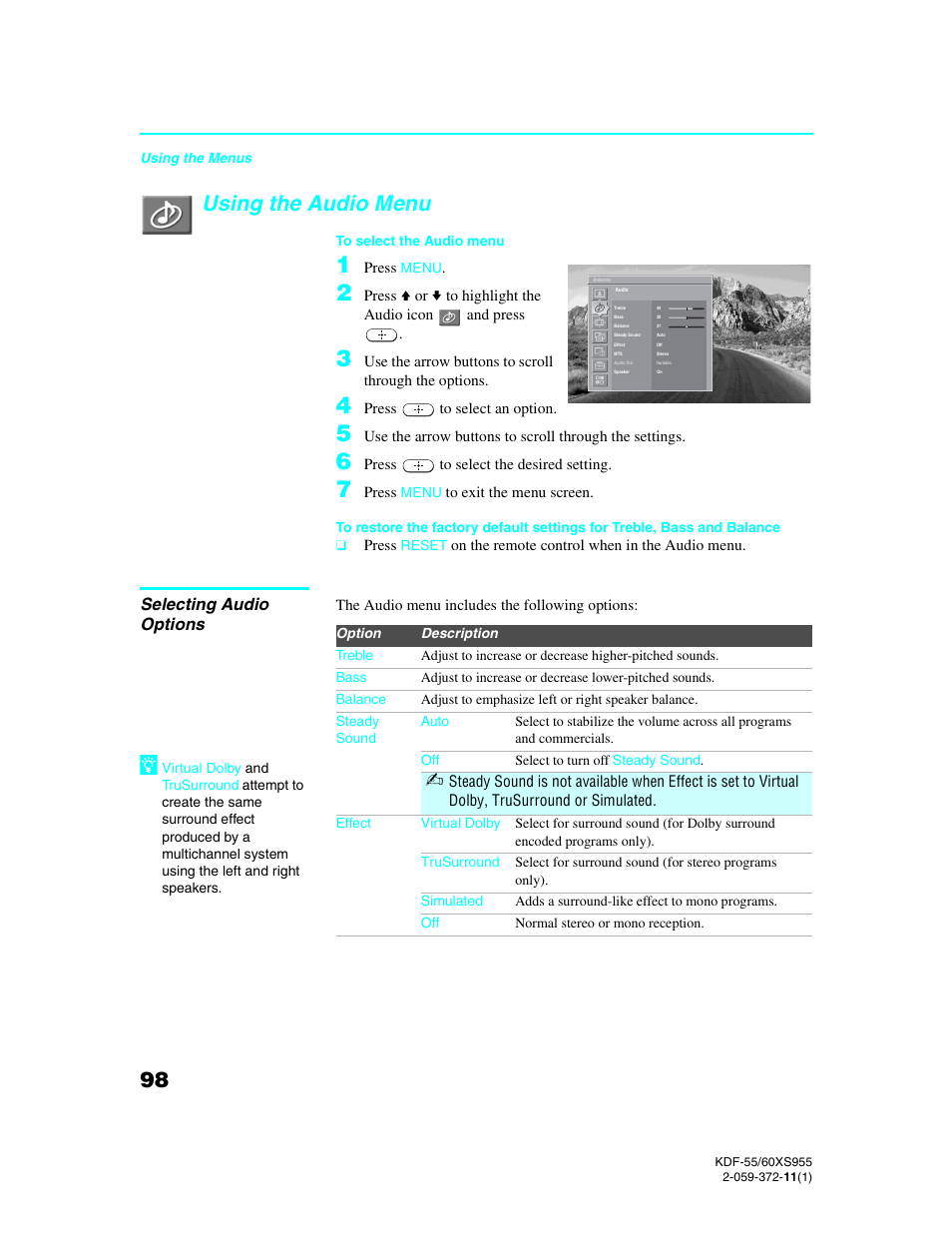 Using the audio menu, Selecting audio options | Sony GRAND WEGA KDF-55XS955 User Manual | Page 98 / 129