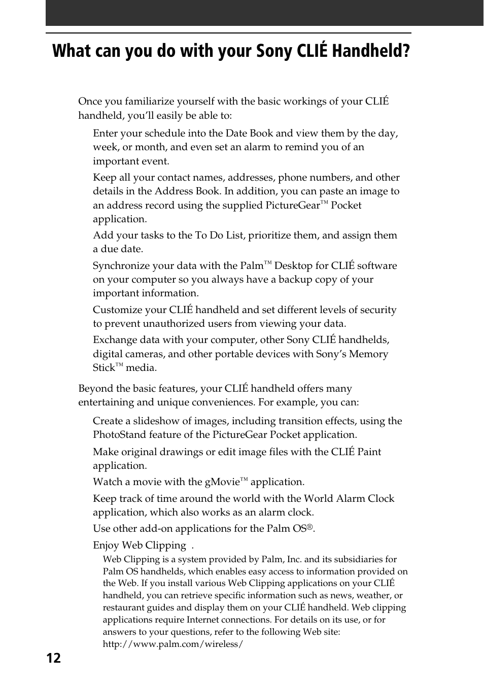 What can you do with your sony clié handheld | Sony PEG-SJ30 User Manual | Page 12 / 68