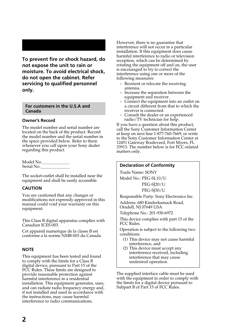 Warning | Sony PEG-SJ30 User Manual | Page 2 / 68