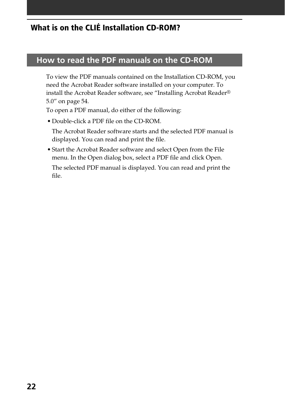 How to read the pdf manuals on the cd-rom, 22 how to read the pdf manuals on the cd-rom, What is on the clié installation cd-rom | Sony PEG-SJ30 User Manual | Page 22 / 68