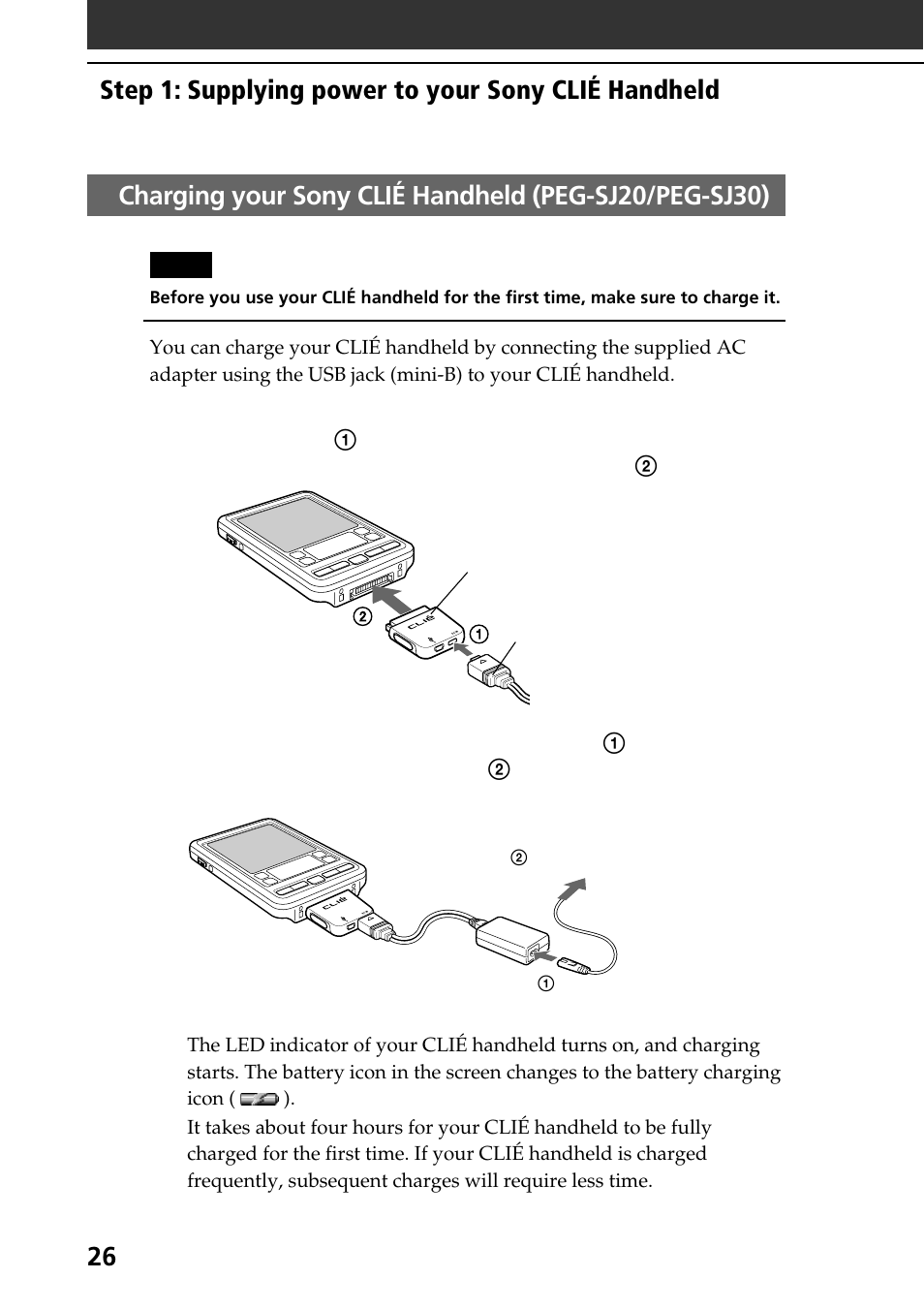 Step 1: supplying power to your sony clié handheld | Sony PEG-SJ30 User Manual | Page 26 / 68