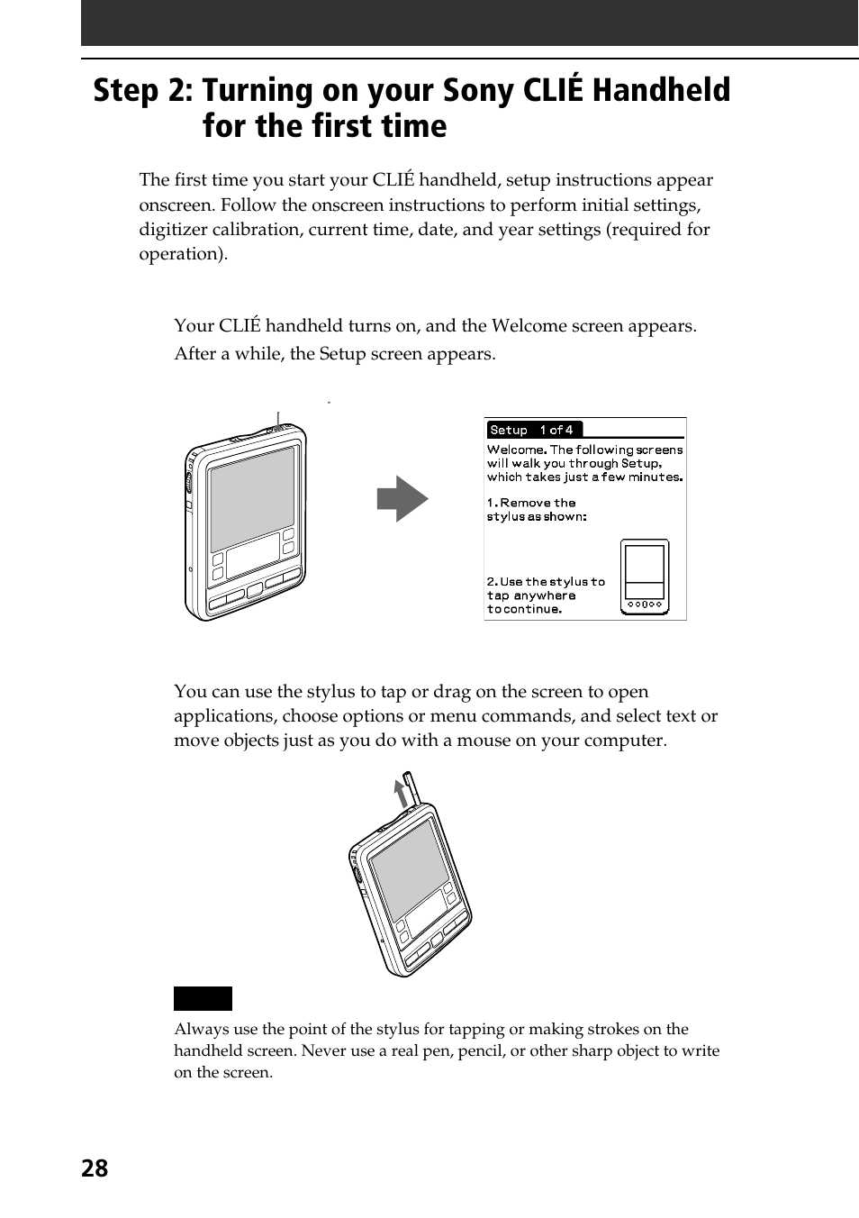 Step 2: turning on your sony clié, Handheld for the first time | Sony PEG-SJ30 User Manual | Page 28 / 68