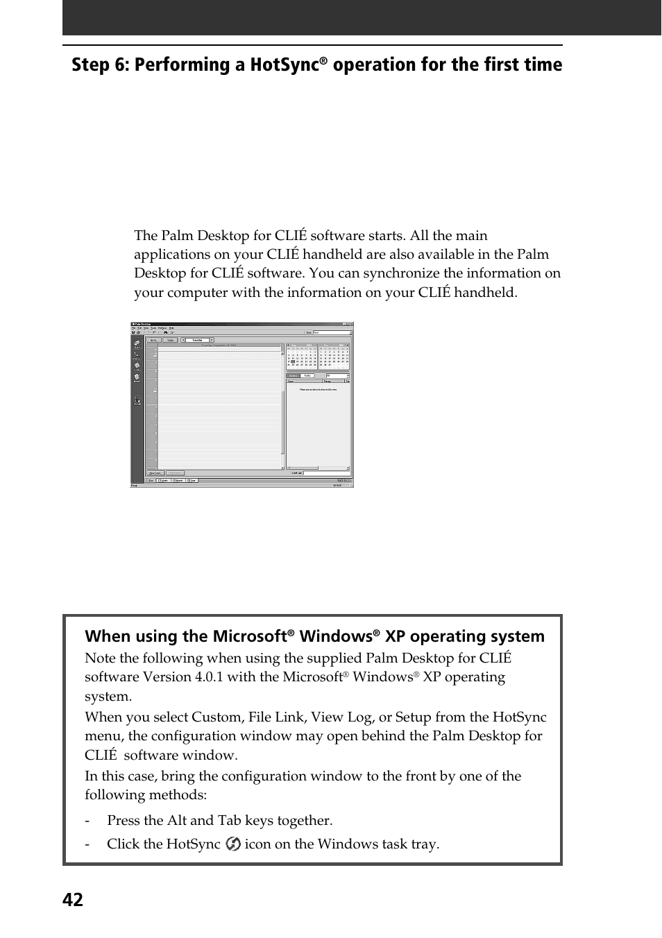 Step 6: performing a hotsync, Operation for the first time | Sony PEG-SJ30 User Manual | Page 42 / 68