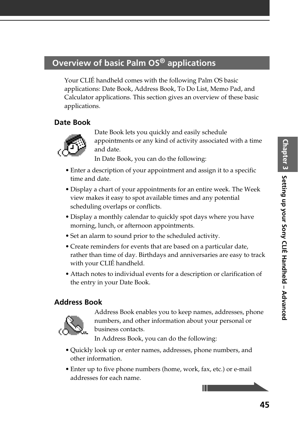 Overview of basic palm os® applications, Overview of basic palm os, Applications | Sony PEG-SJ30 User Manual | Page 45 / 68