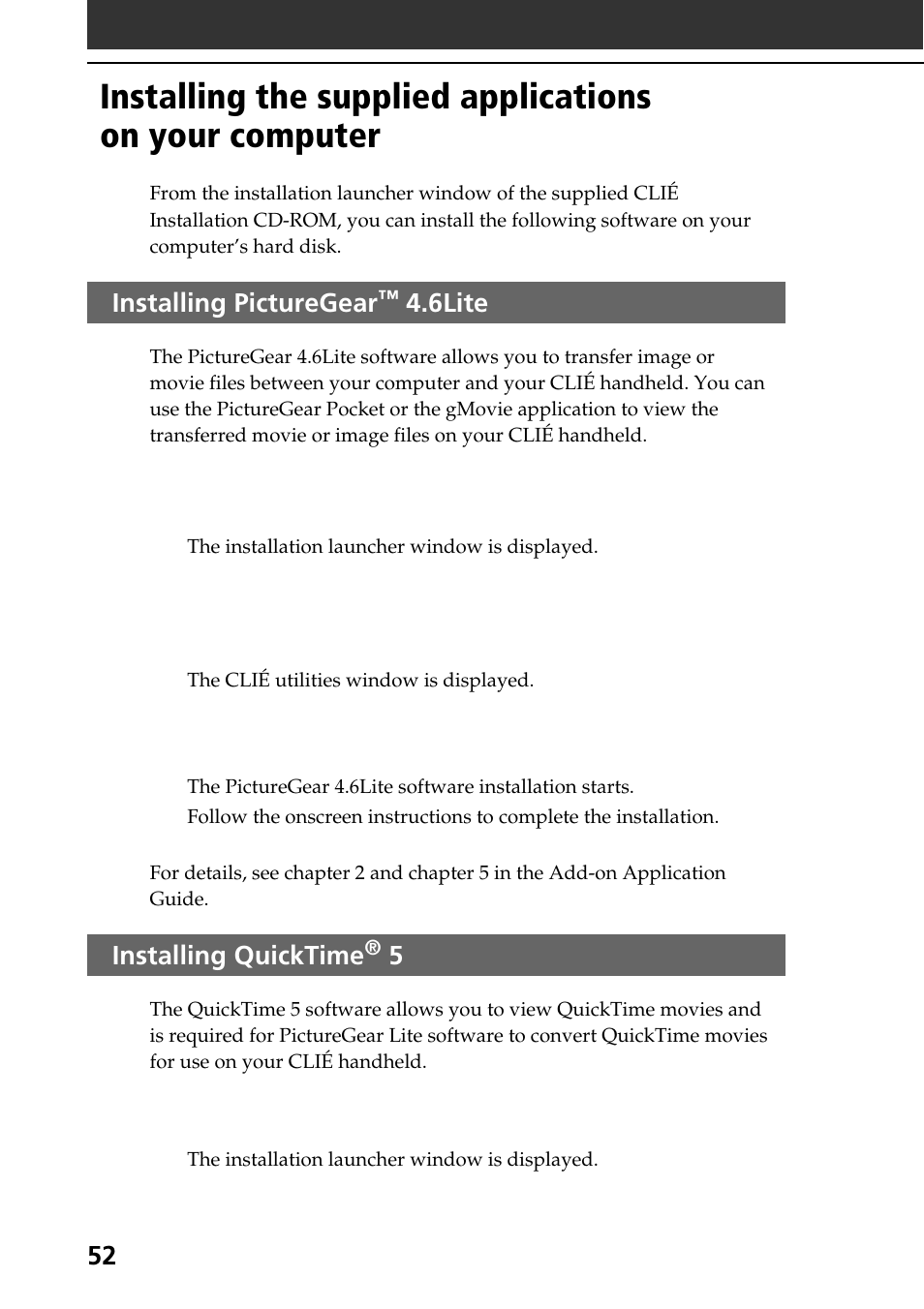 Installing picturegear™ 4.6lite, Installing quicktime® 5 | Sony PEG-SJ30 User Manual | Page 52 / 68