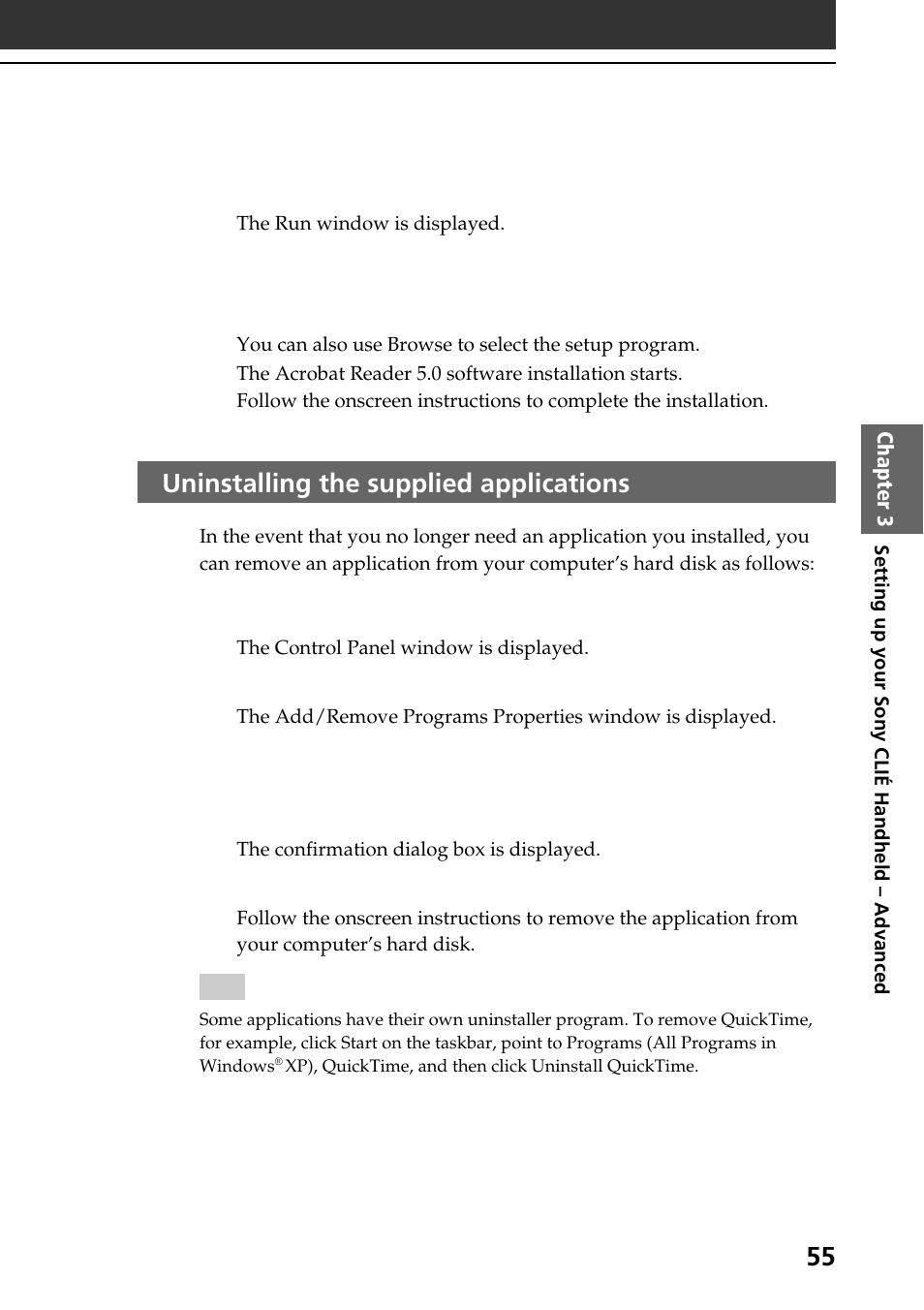 Uninstalling the supplied applications | Sony PEG-SJ30 User Manual | Page 55 / 68