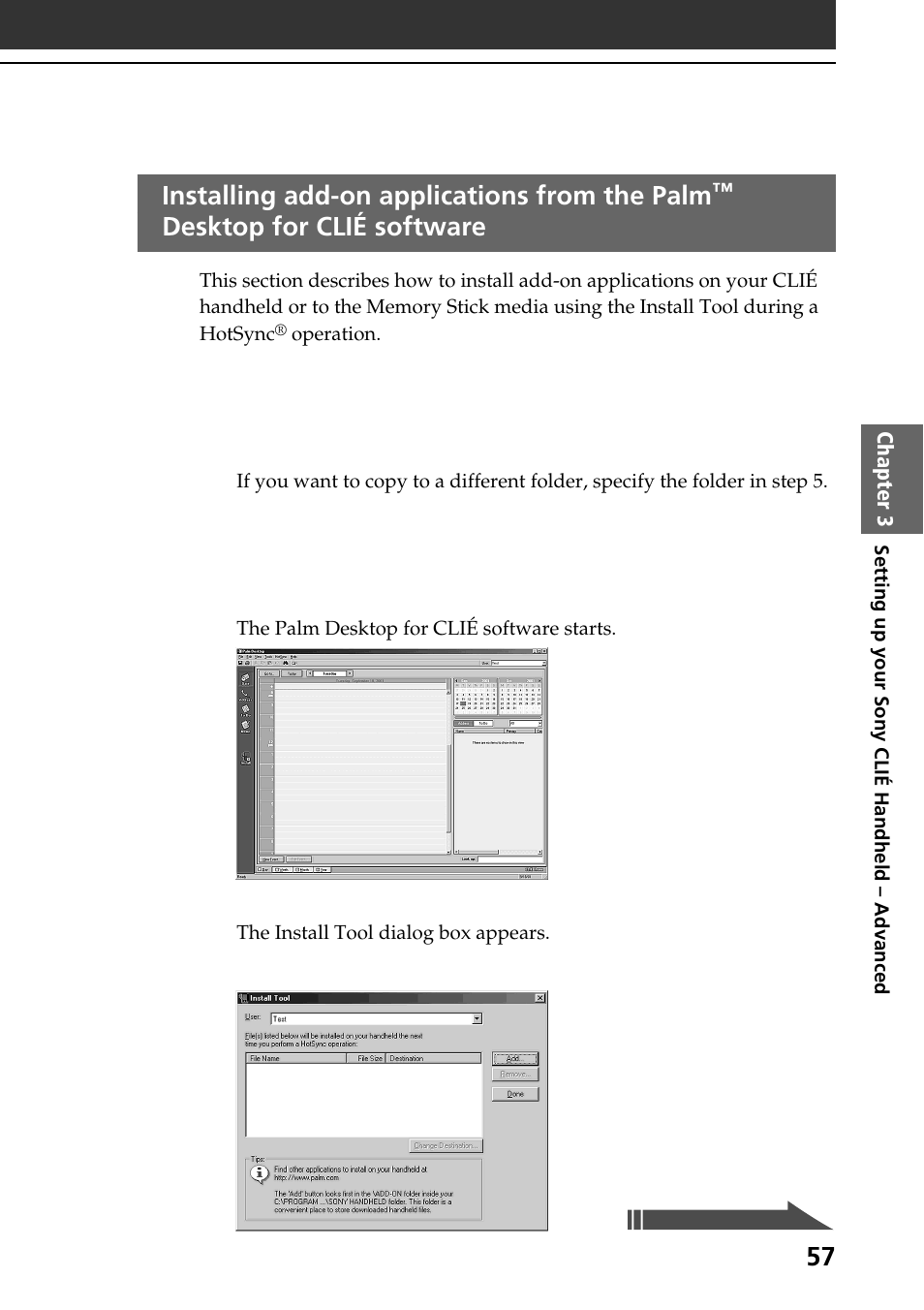 Installing add-on applications from the palm, Desktop for clié software | Sony PEG-SJ30 User Manual | Page 57 / 68