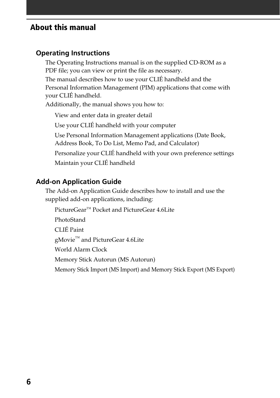 6about this manual | Sony PEG-SJ30 User Manual | Page 6 / 68