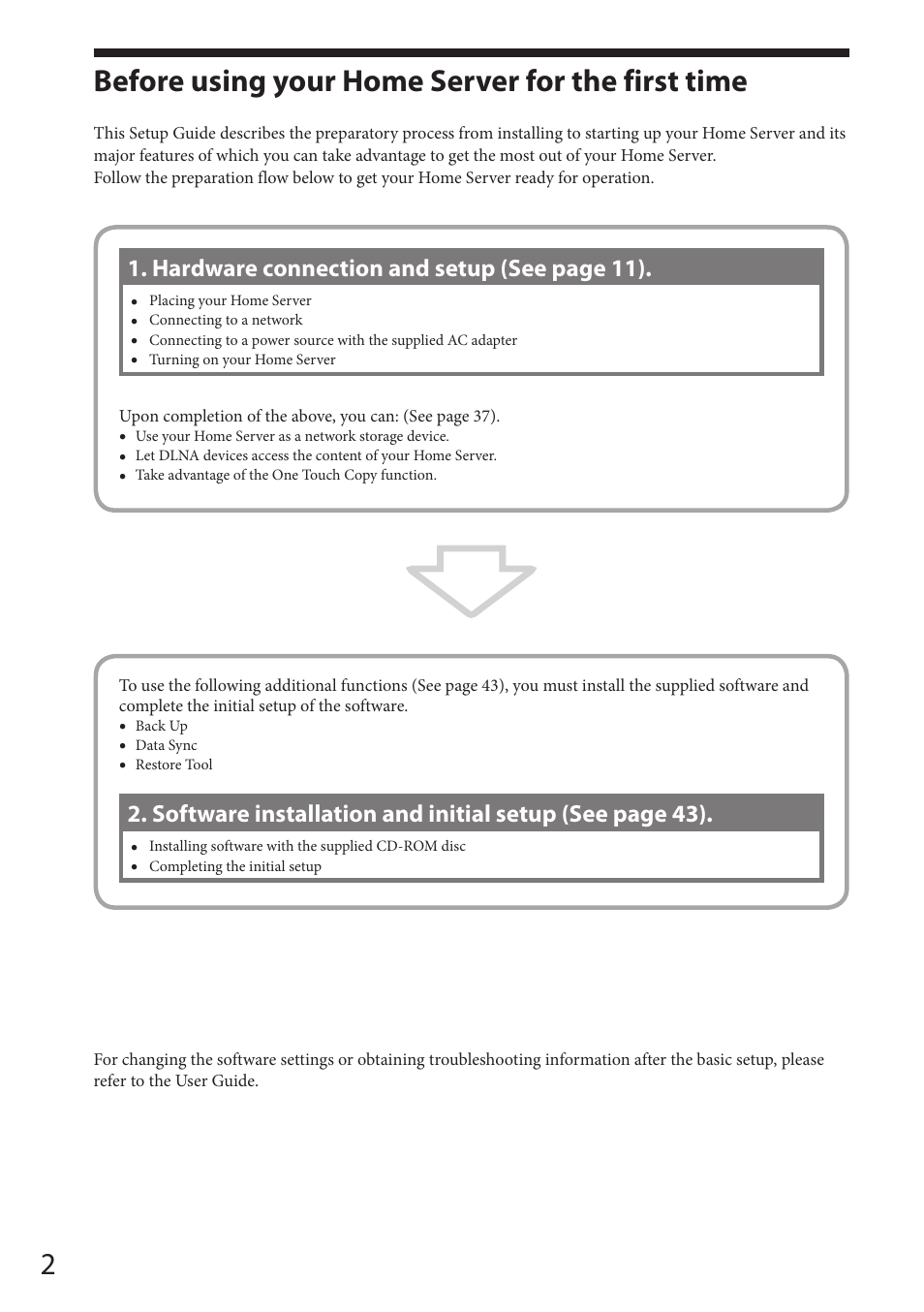 Before using your home server for the first time, Hardware connection and setup (see page 11) | Sony VAIO VGF-HS1 User Manual | Page 2 / 48