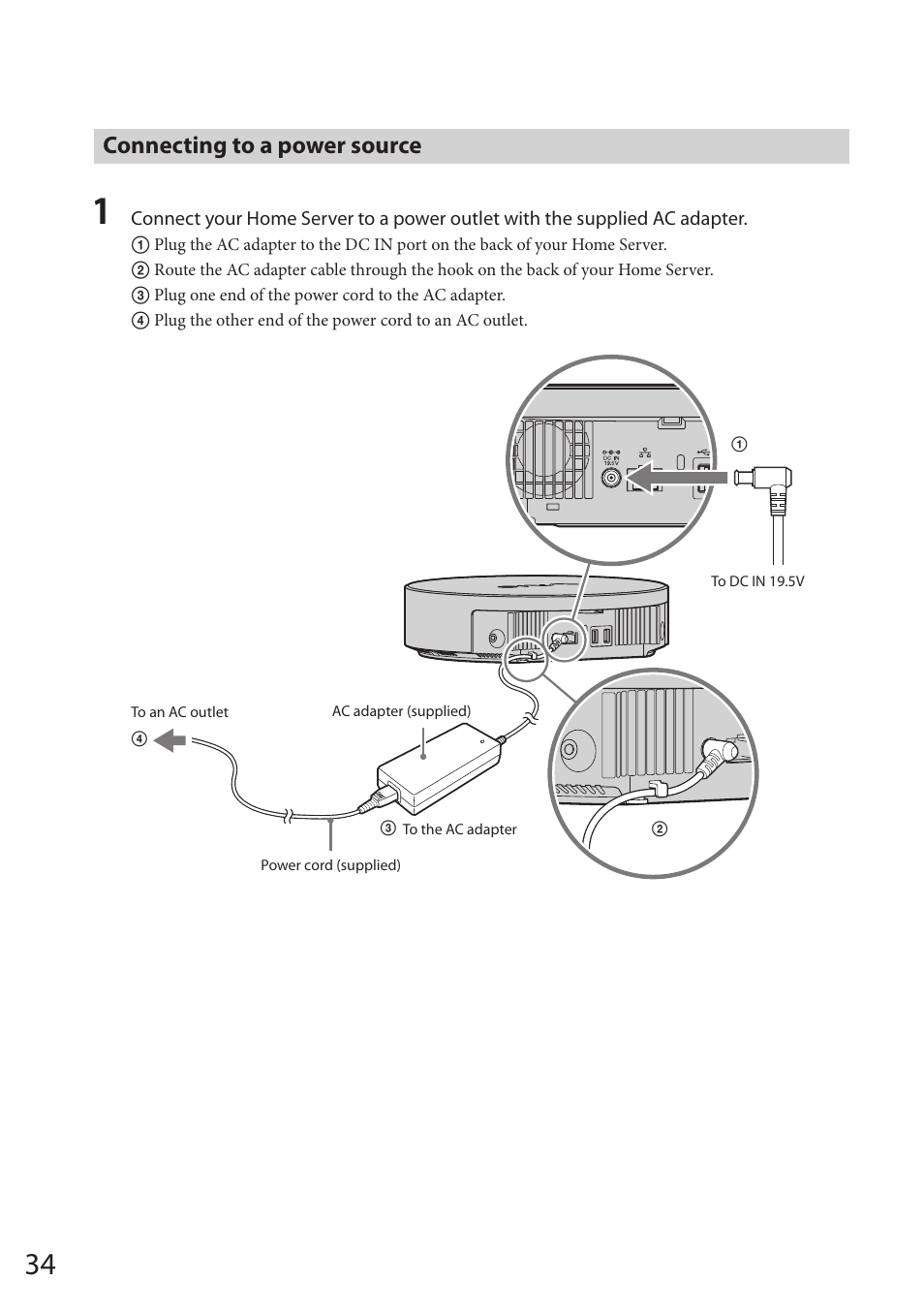 Connecting to a power source | Sony VAIO VGF-HS1 User Manual | Page 34 / 48