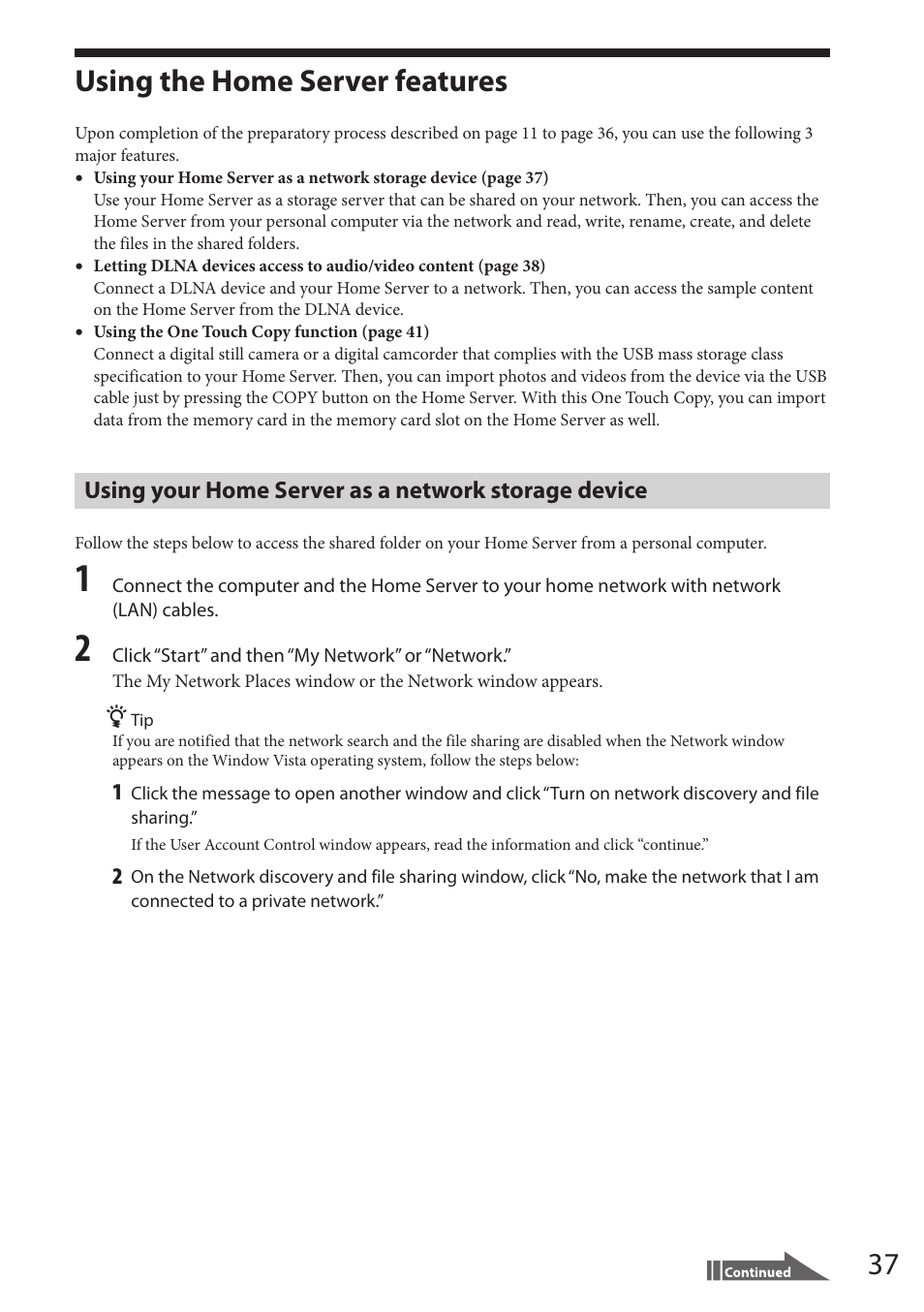 Using the home server features, Using your home server as a network storage device, Using your home server | As a network storage device | Sony VAIO VGF-HS1 User Manual | Page 37 / 48