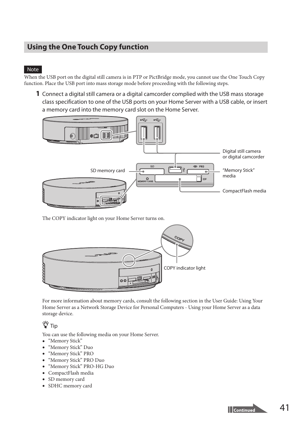 Using the one touch copy function | Sony VAIO VGF-HS1 User Manual | Page 41 / 48
