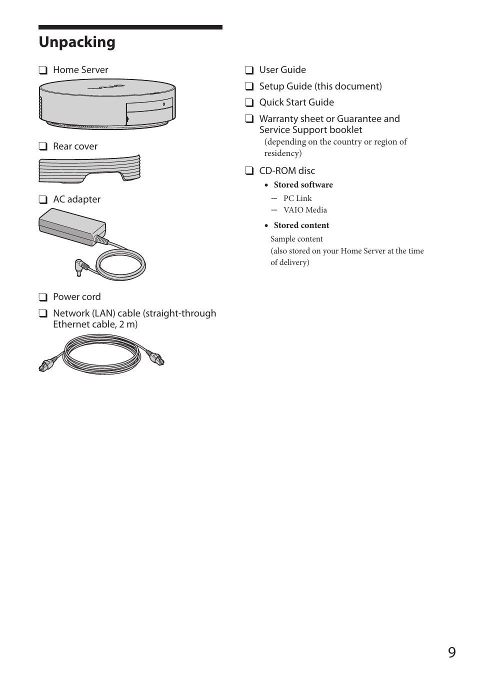 Unpacking | Sony VAIO VGF-HS1 User Manual | Page 9 / 48
