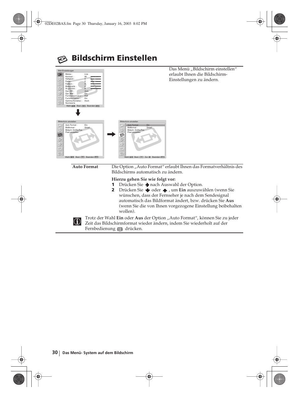 Bildschirm einstellen | Sony WEGA KLV-30MR1 User Manual | Page 106 / 304