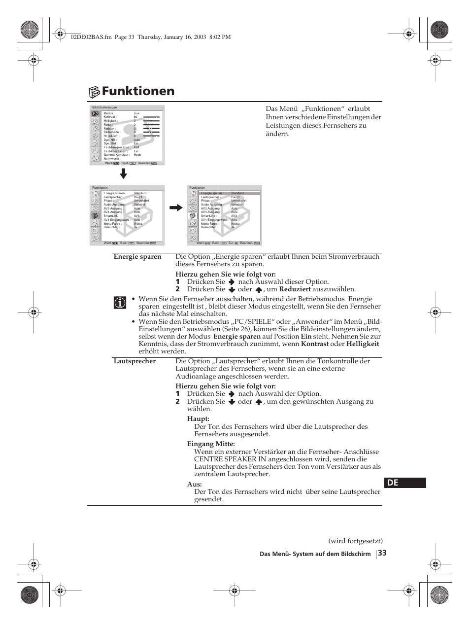 Funktionen | Sony WEGA KLV-30MR1 User Manual | Page 109 / 304