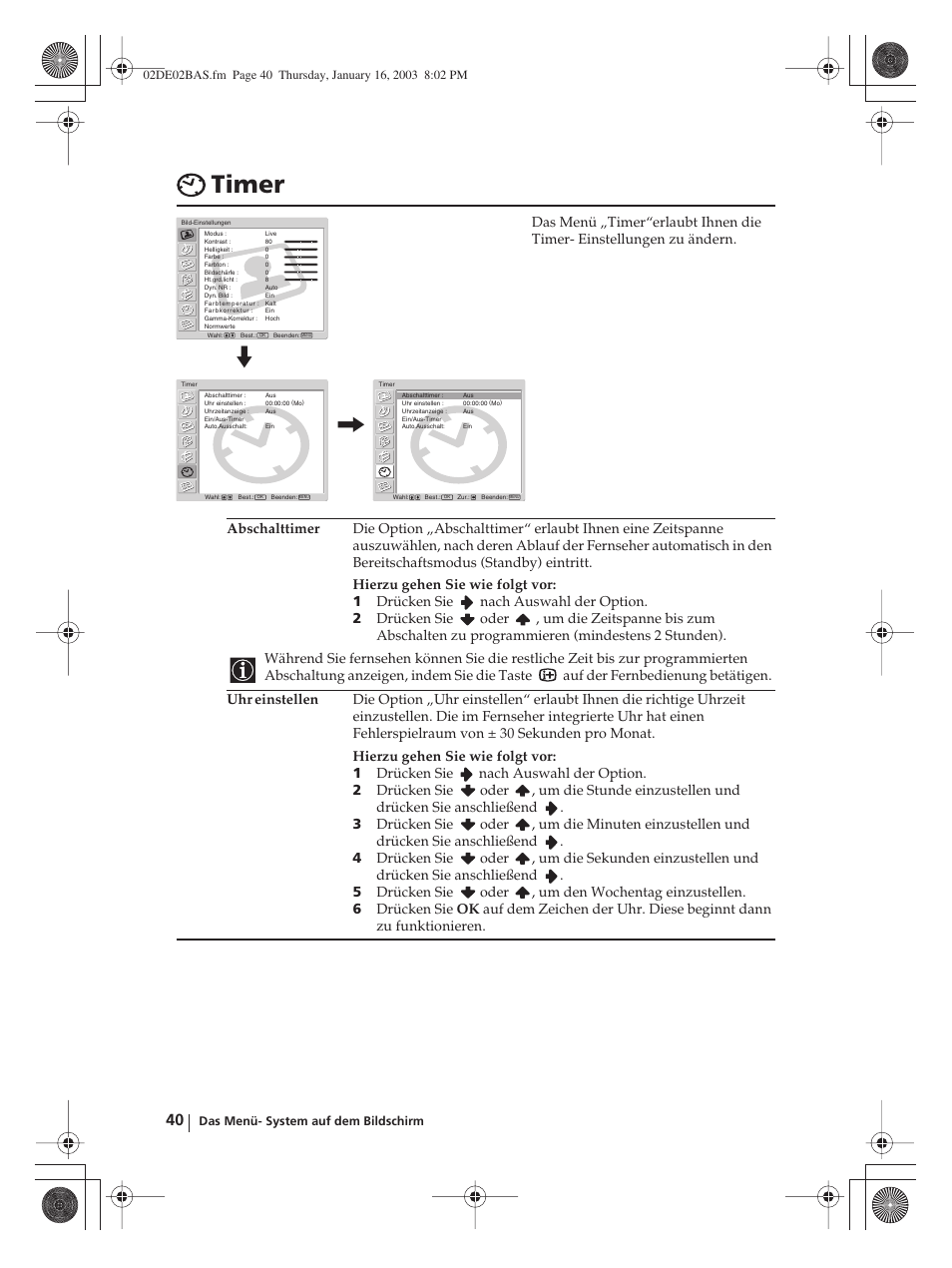 Timer | Sony WEGA KLV-30MR1 User Manual | Page 116 / 304