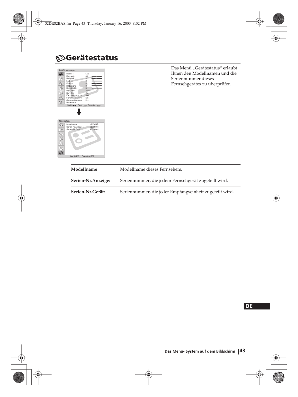 Gerätestatus | Sony WEGA KLV-30MR1 User Manual | Page 119 / 304
