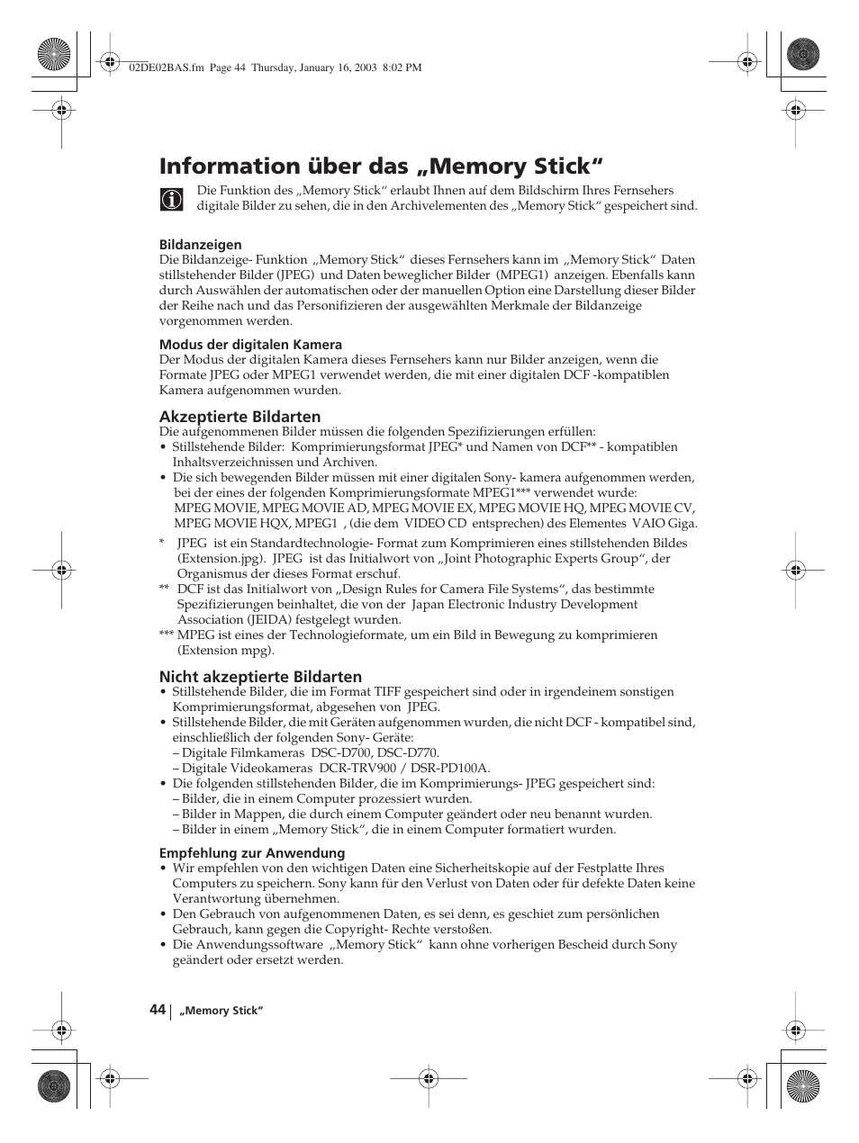 Information über das „memory stick | Sony WEGA KLV-30MR1 User Manual | Page 120 / 304