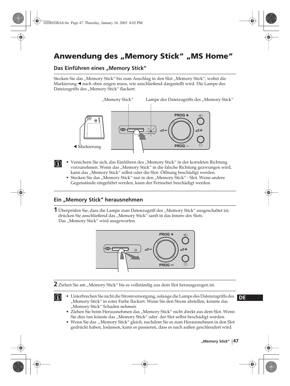 Anwendung des „memory stick“ „ms home | Sony WEGA KLV-30MR1 User Manual | Page 123 / 304