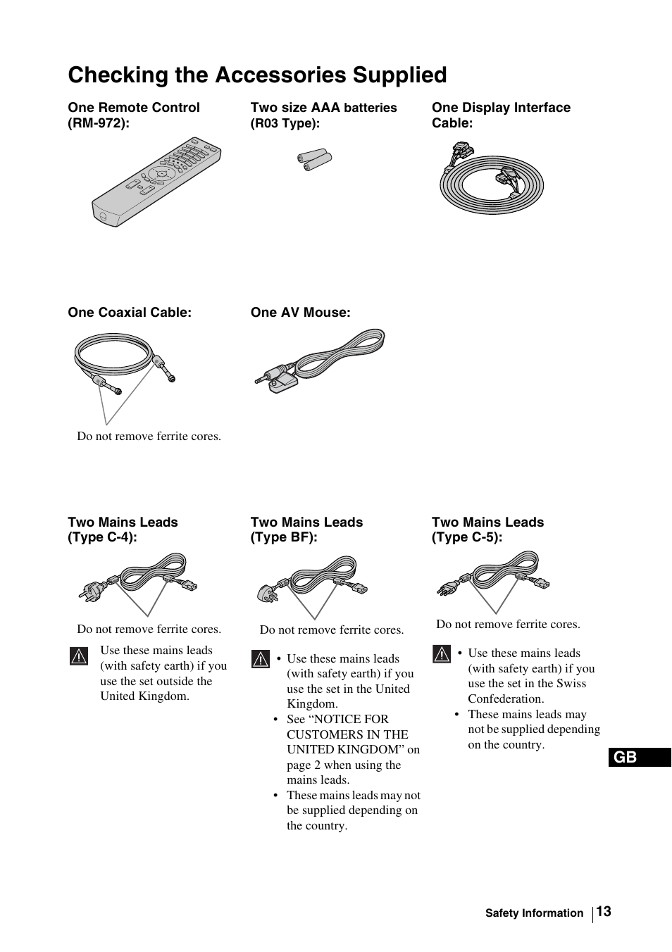Checking the accessories supplied | Sony WEGA KLV-30MR1 User Manual | Page 13 / 304