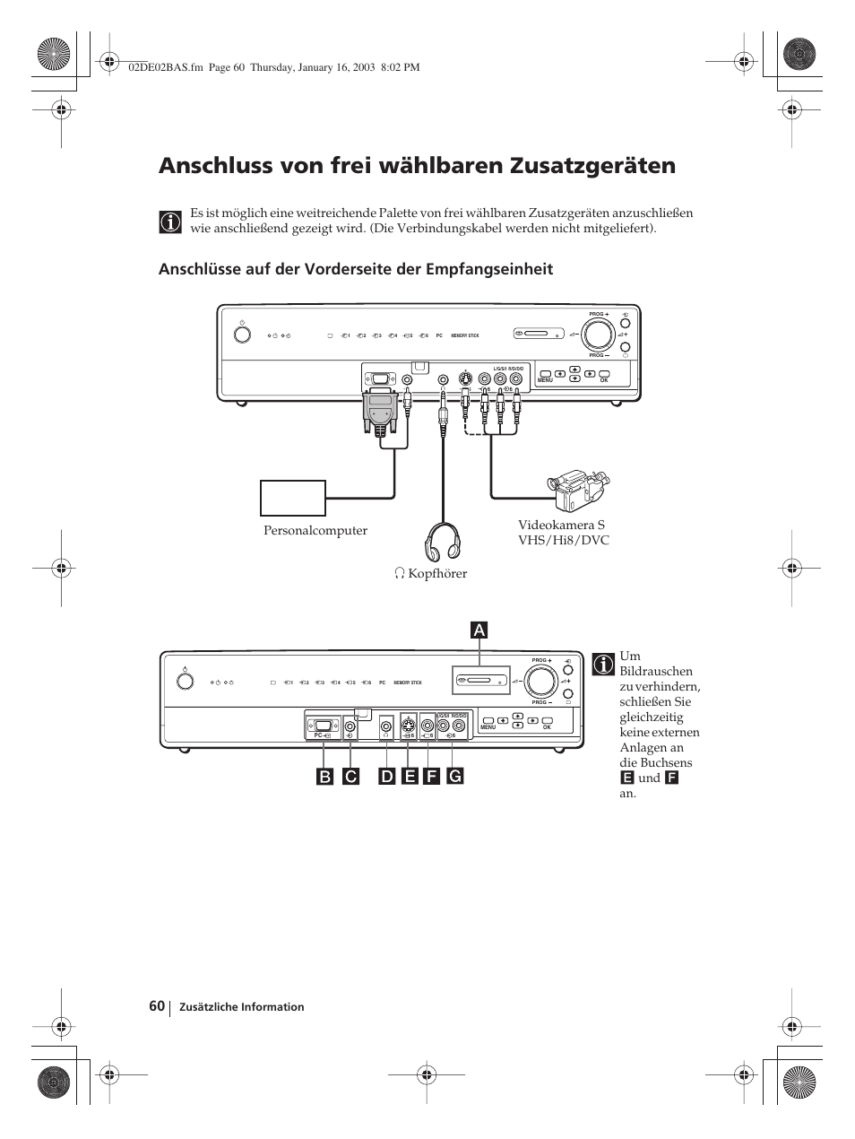 Anschluss von frei wählbaren zusatzgeräten, Anschlüsse auf der vorderseite der empfangseinheit | Sony WEGA KLV-30MR1 User Manual | Page 136 / 304