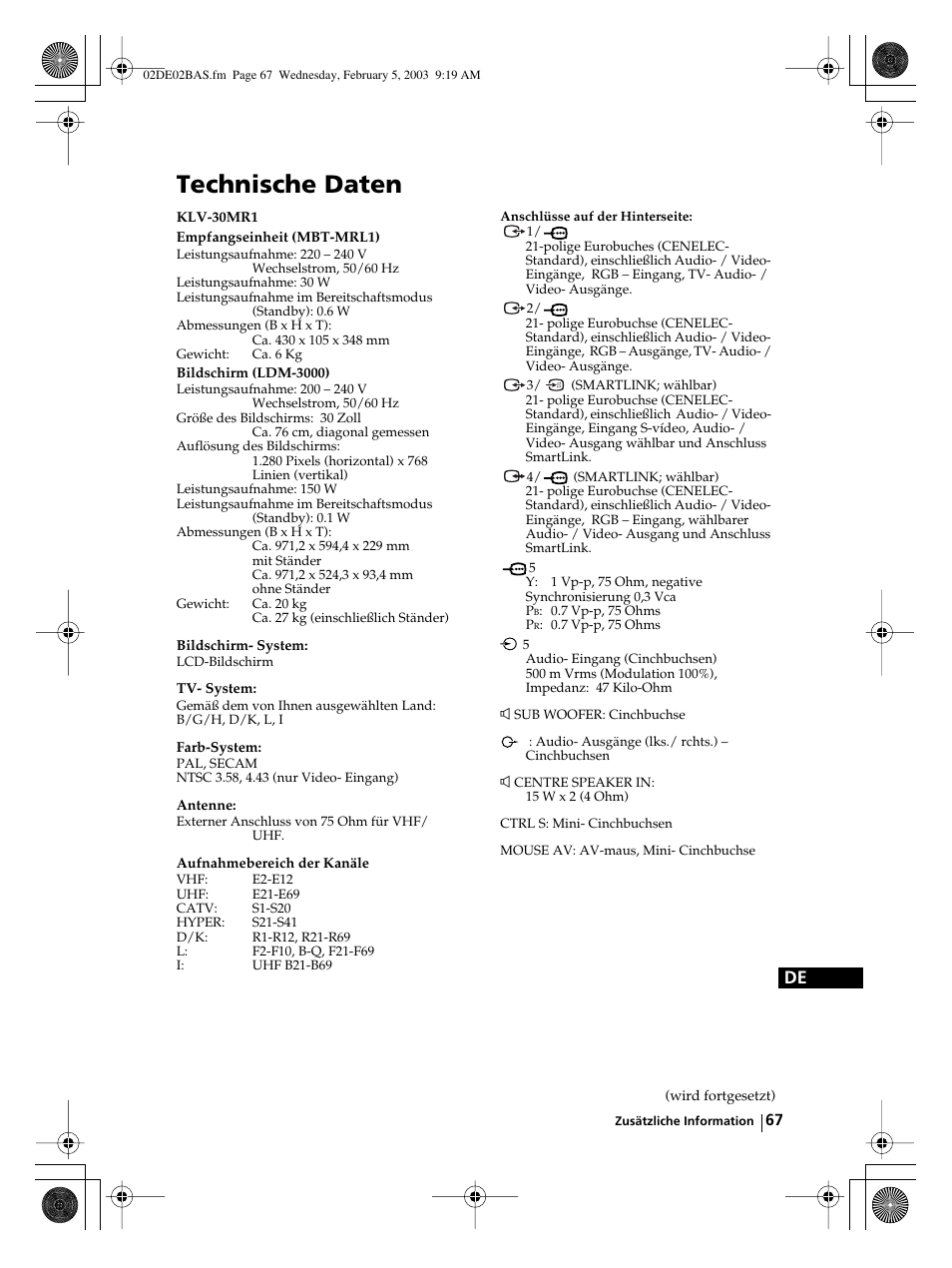 Technische daten | Sony WEGA KLV-30MR1 User Manual | Page 143 / 304