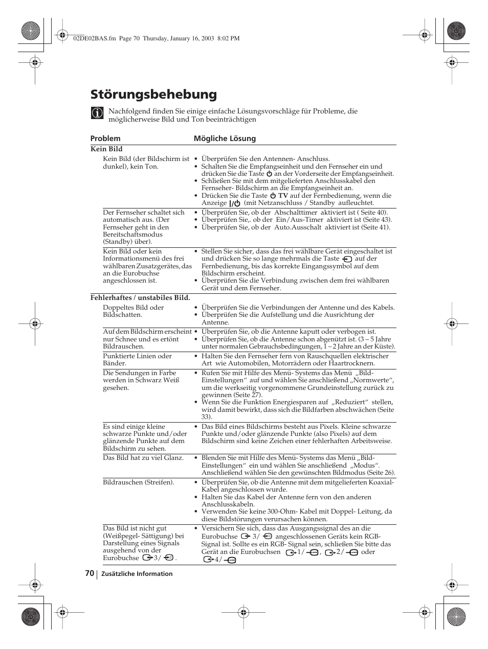Störungsbehebung | Sony WEGA KLV-30MR1 User Manual | Page 146 / 304