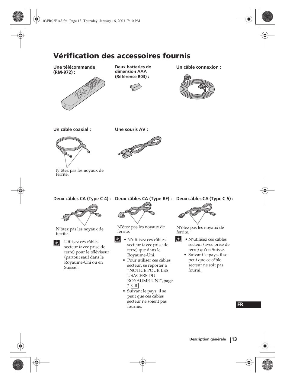Vérification des accessoires fournis | Sony WEGA KLV-30MR1 User Manual | Page 163 / 304