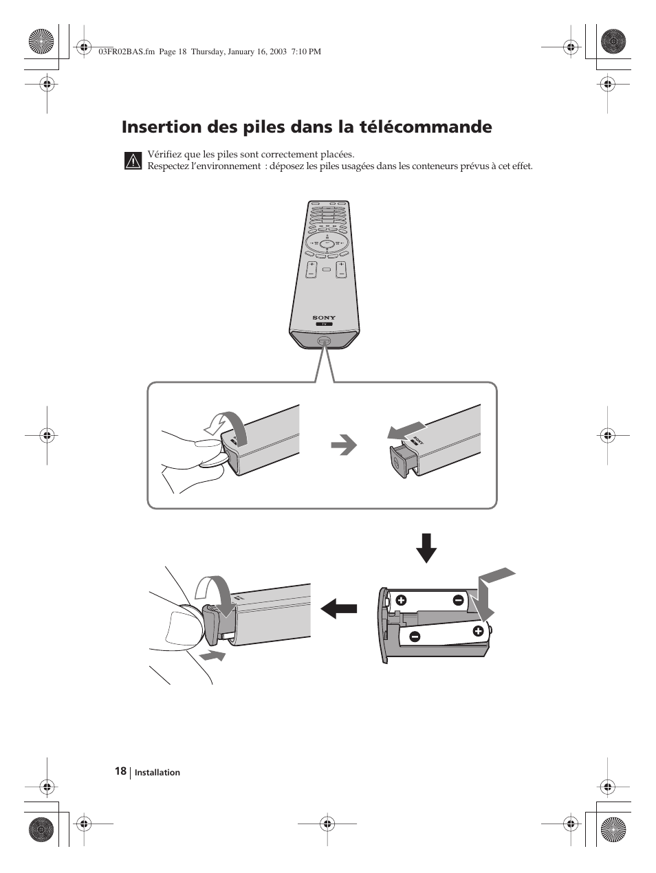 Insertion des piles dans la télécommande | Sony WEGA KLV-30MR1 User Manual | Page 168 / 304