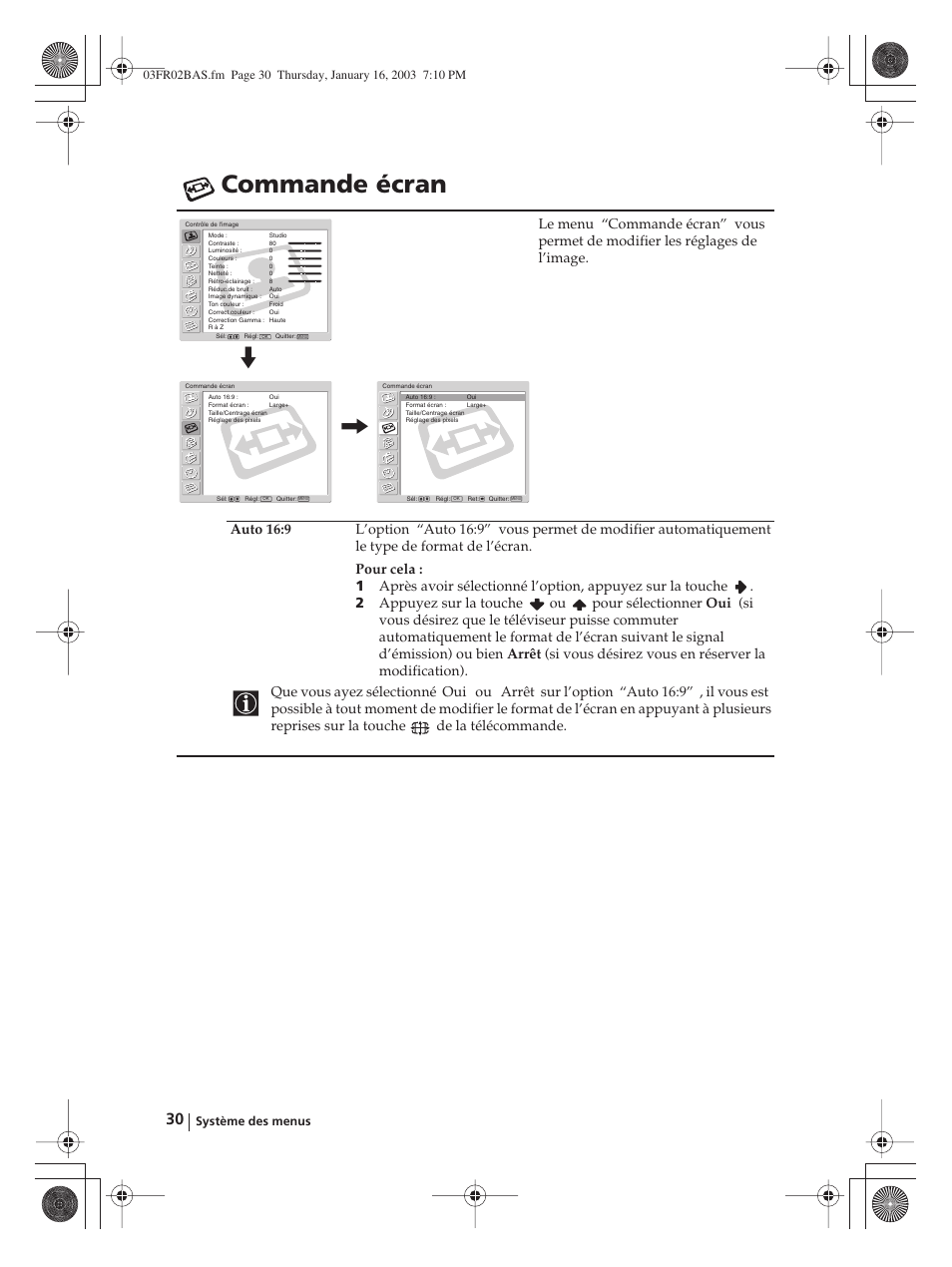 Commande écran | Sony WEGA KLV-30MR1 User Manual | Page 180 / 304