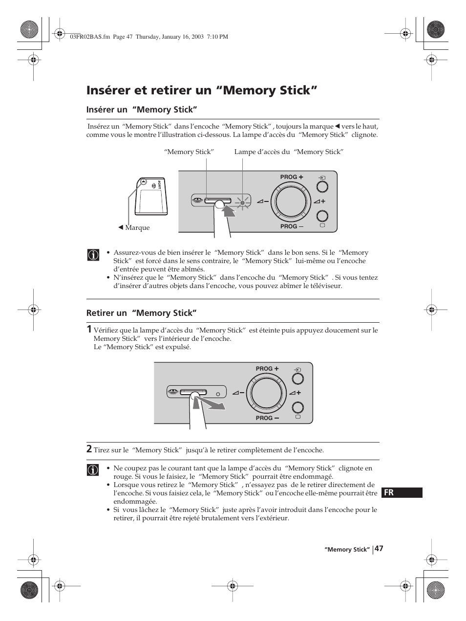 Insérer et retirer un “memory stick | Sony WEGA KLV-30MR1 User Manual | Page 197 / 304
