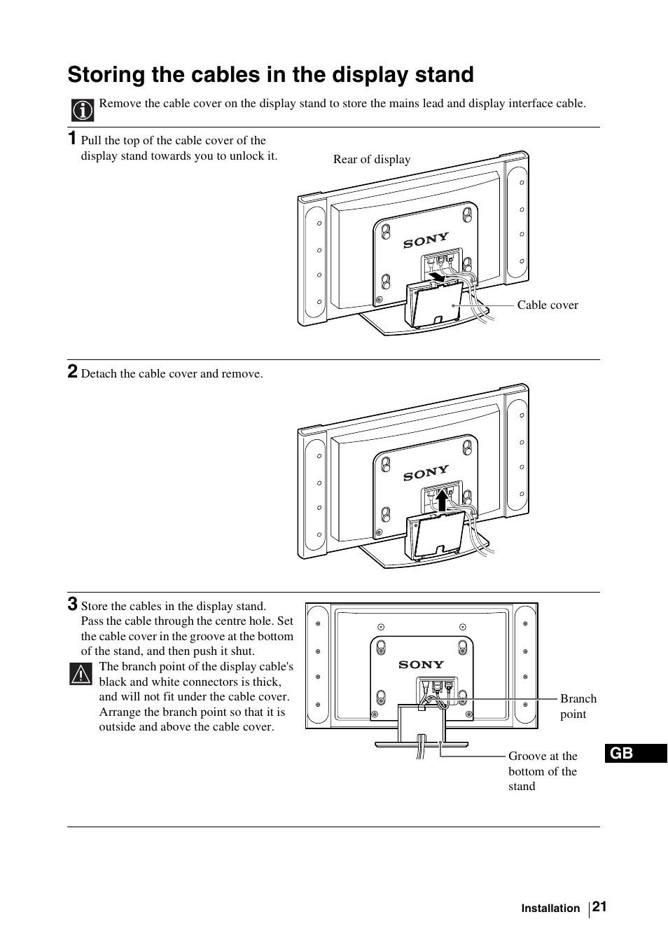 Storing the cables in the display stand, 2 detach the cable cover and remove, 3 store the cables in the display stand | Sony WEGA KLV-30MR1 User Manual | Page 21 / 304