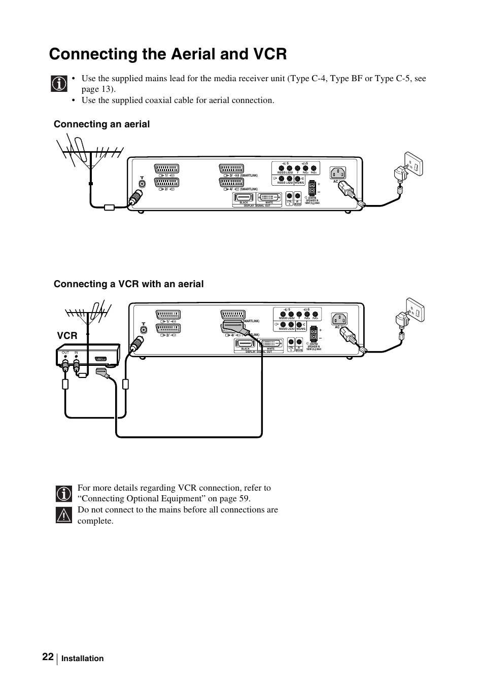 Connecting the aerial and vcr, Installation | Sony WEGA KLV-30MR1 User Manual | Page 22 / 304