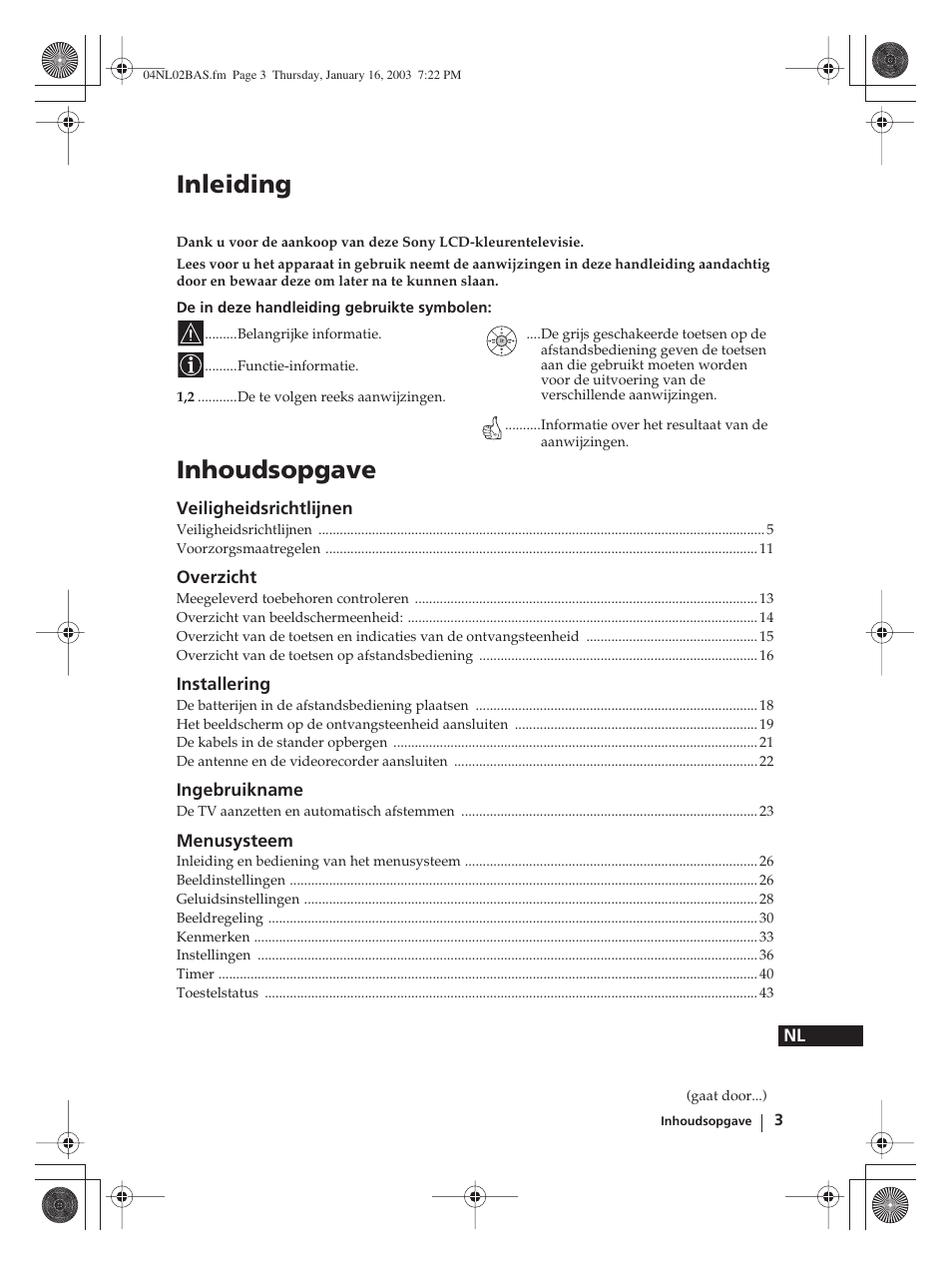 Inleiding, Inhoudsopgave | Sony WEGA KLV-30MR1 User Manual | Page 231 / 304