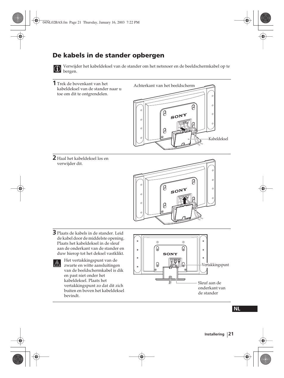 De kabels in de stander opbergen | Sony WEGA KLV-30MR1 User Manual | Page 249 / 304