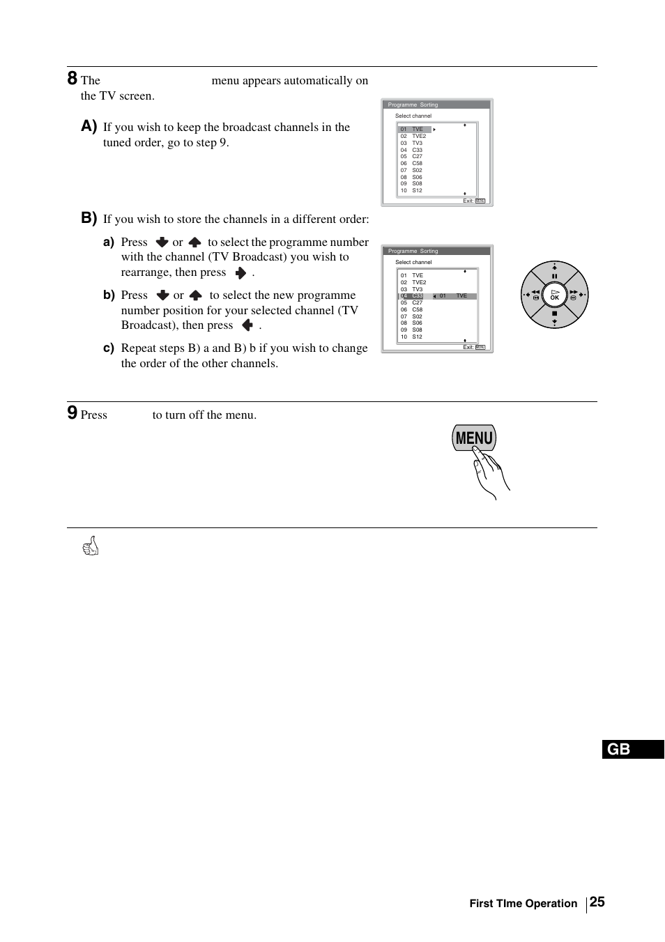9 press menu to turn off the menu, Menu | Sony WEGA KLV-30MR1 User Manual | Page 25 / 304