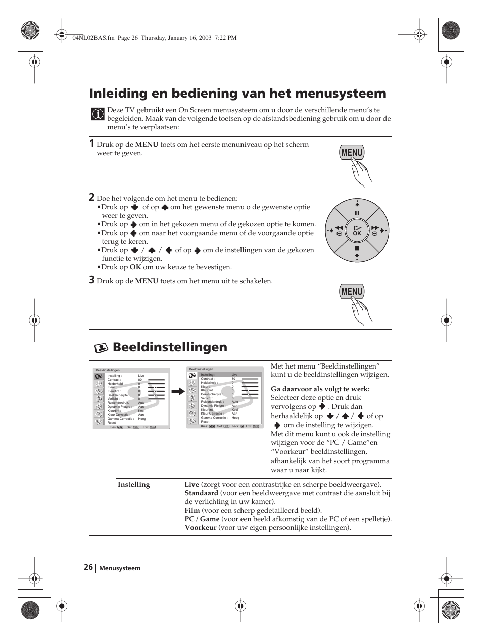 Inleiding en bediening van het menusysteem, Beeldinstellingen, Menu | Sony WEGA KLV-30MR1 User Manual | Page 254 / 304
