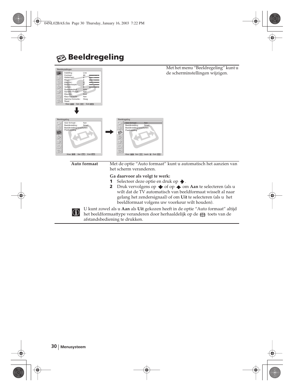 Beeldregeling | Sony WEGA KLV-30MR1 User Manual | Page 258 / 304