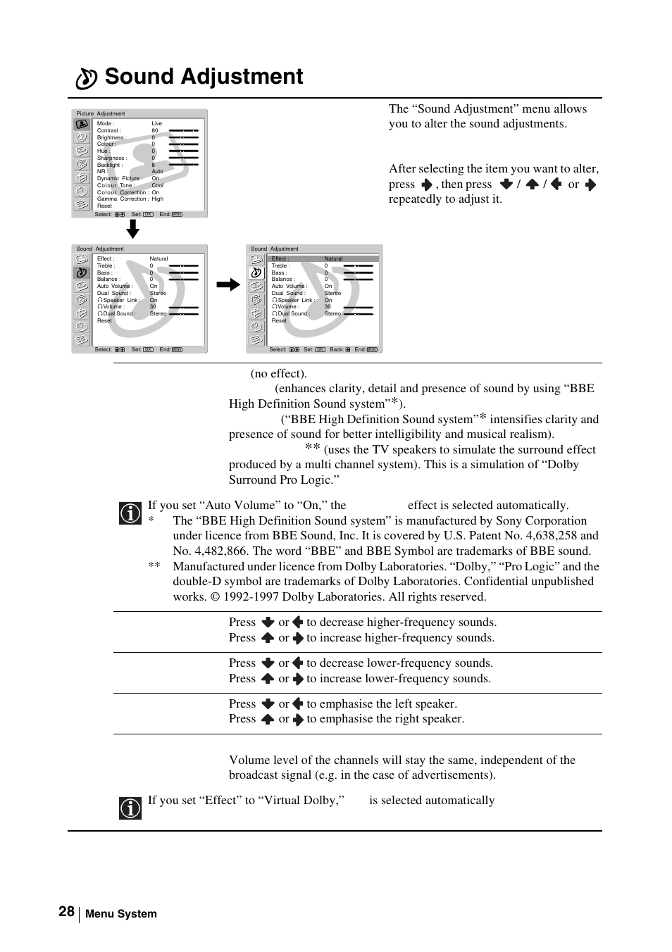 Sound adjustment | Sony WEGA KLV-30MR1 User Manual | Page 28 / 304