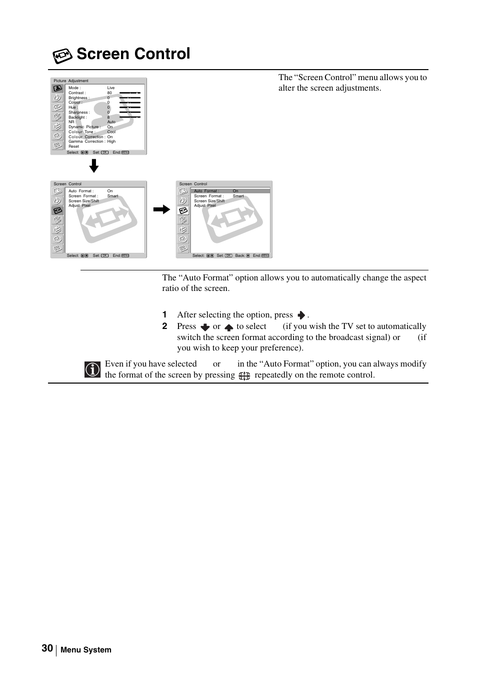 Screen control, 1 after selecting the option, press | Sony WEGA KLV-30MR1 User Manual | Page 30 / 304