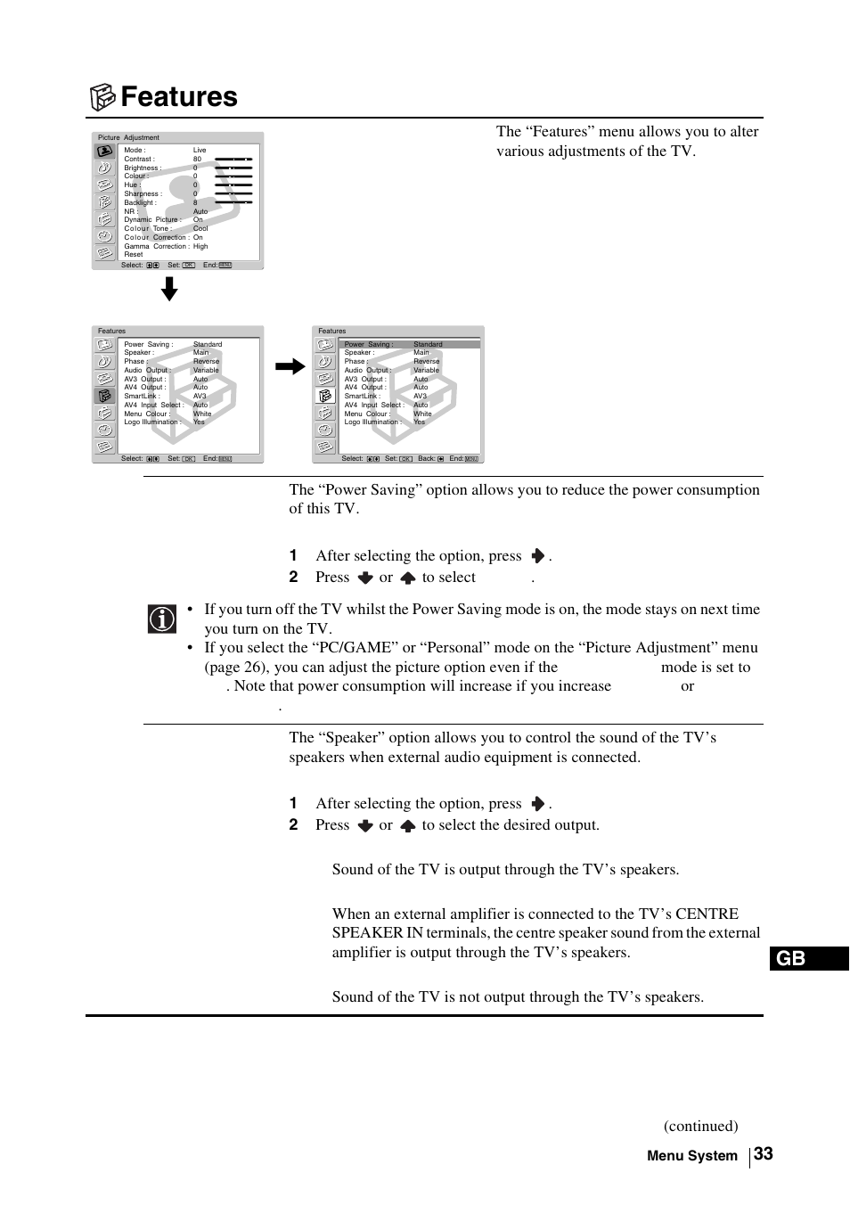 Features, 1 after selecting the option, press, 2 press or to select reduce | 2 press or to select the desired output | Sony WEGA KLV-30MR1 User Manual | Page 33 / 304