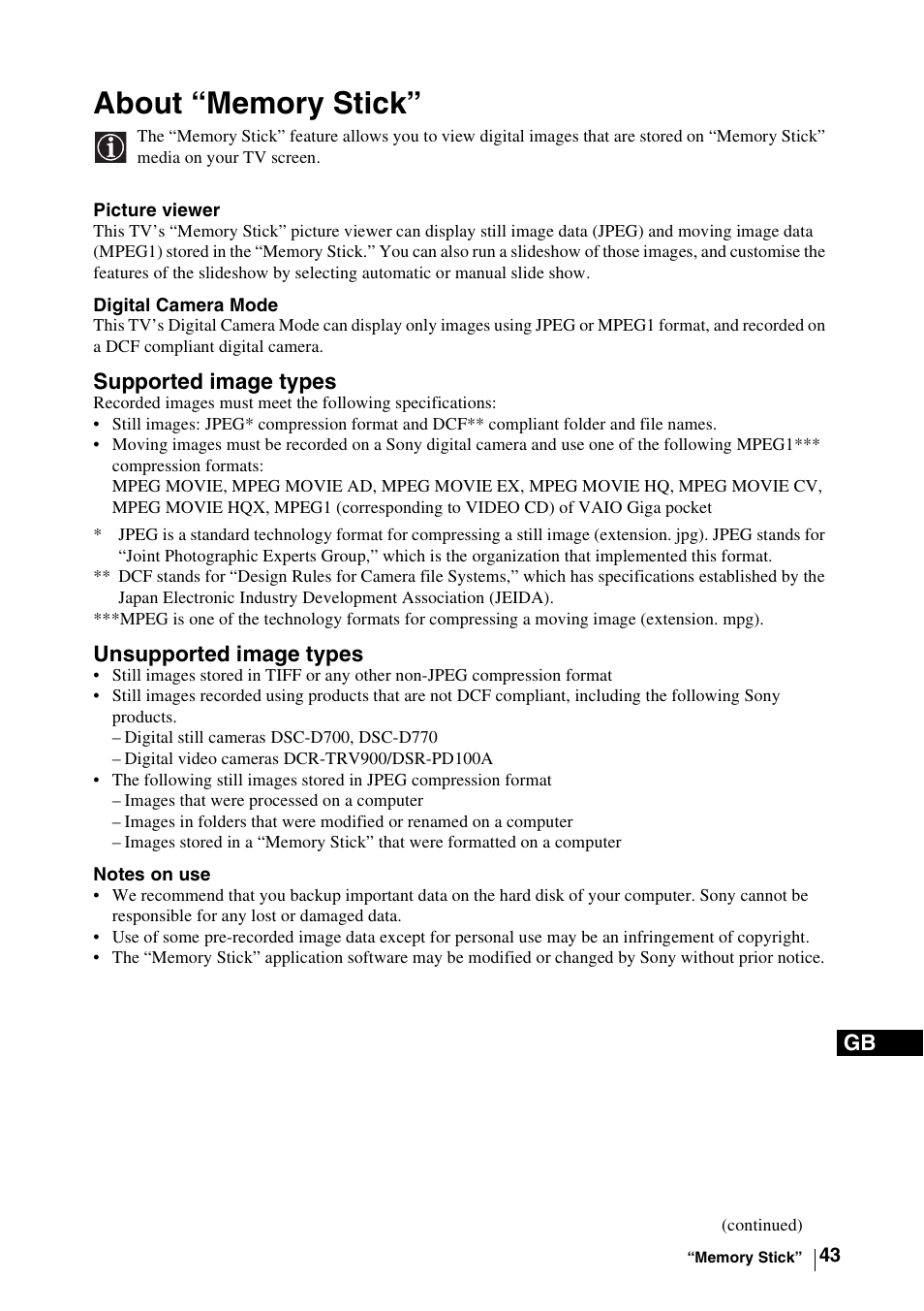 About “memory stick, Supported image types, Unsupported image types | Sony WEGA KLV-30MR1 User Manual | Page 43 / 304