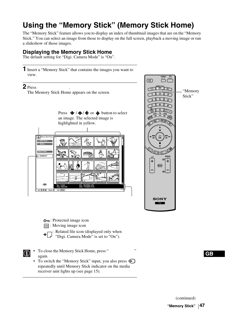 Using the “memory stick” (memory stick home), Displaying the memory stick home, 2 press “memory stick | Sony WEGA KLV-30MR1 User Manual | Page 47 / 304