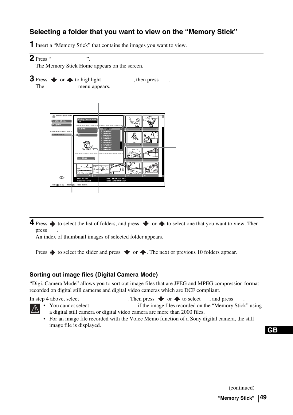 2 press “memory stick | Sony WEGA KLV-30MR1 User Manual | Page 49 / 304