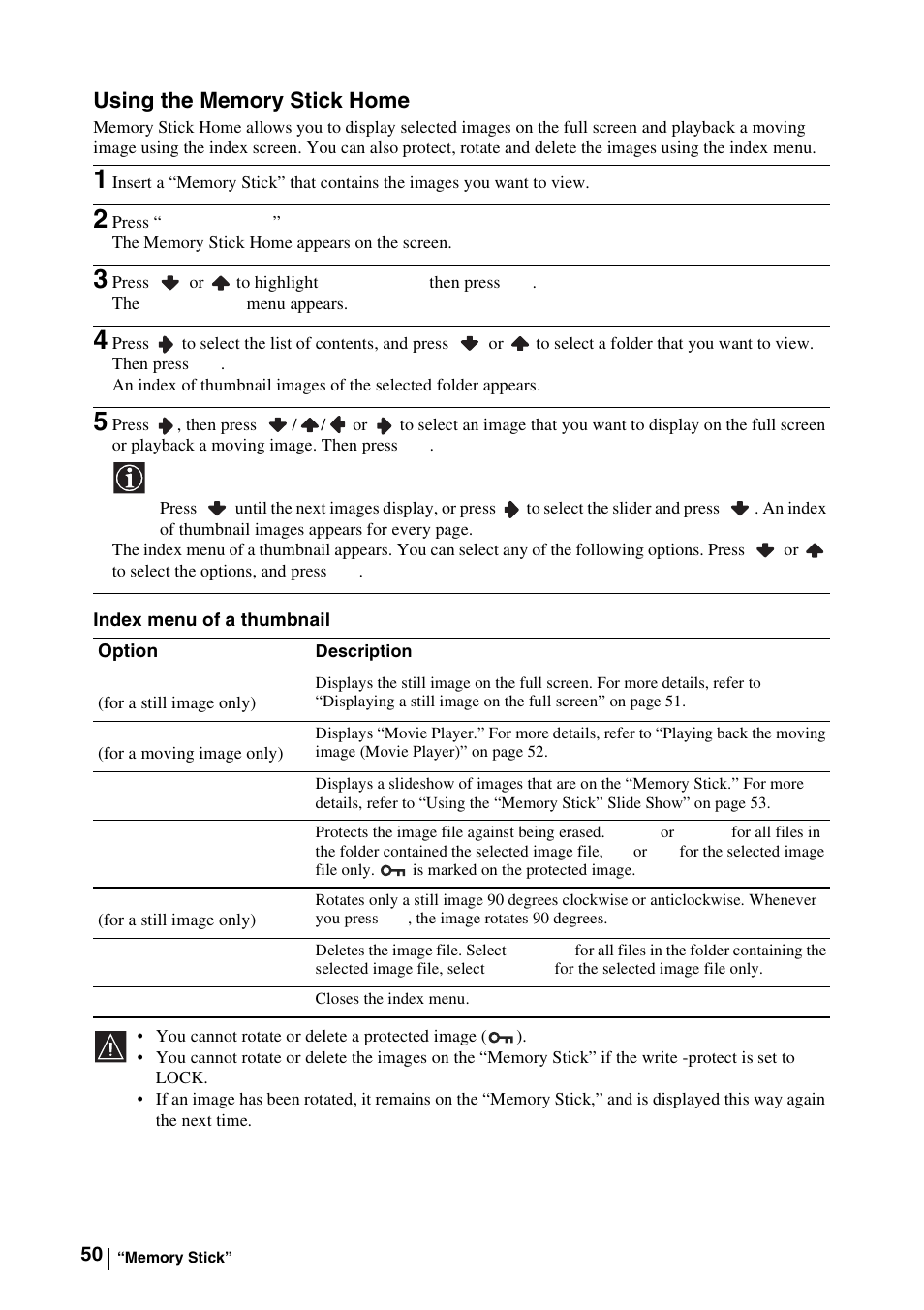 Using the memory stick home, 2 press “memory stick | Sony WEGA KLV-30MR1 User Manual | Page 50 / 304