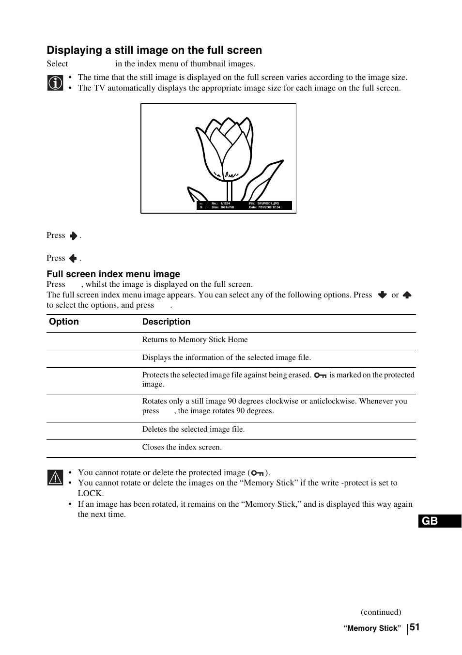 Displaying a still image on the full screen, Gb displaying a still image on the full screen | Sony WEGA KLV-30MR1 User Manual | Page 51 / 304